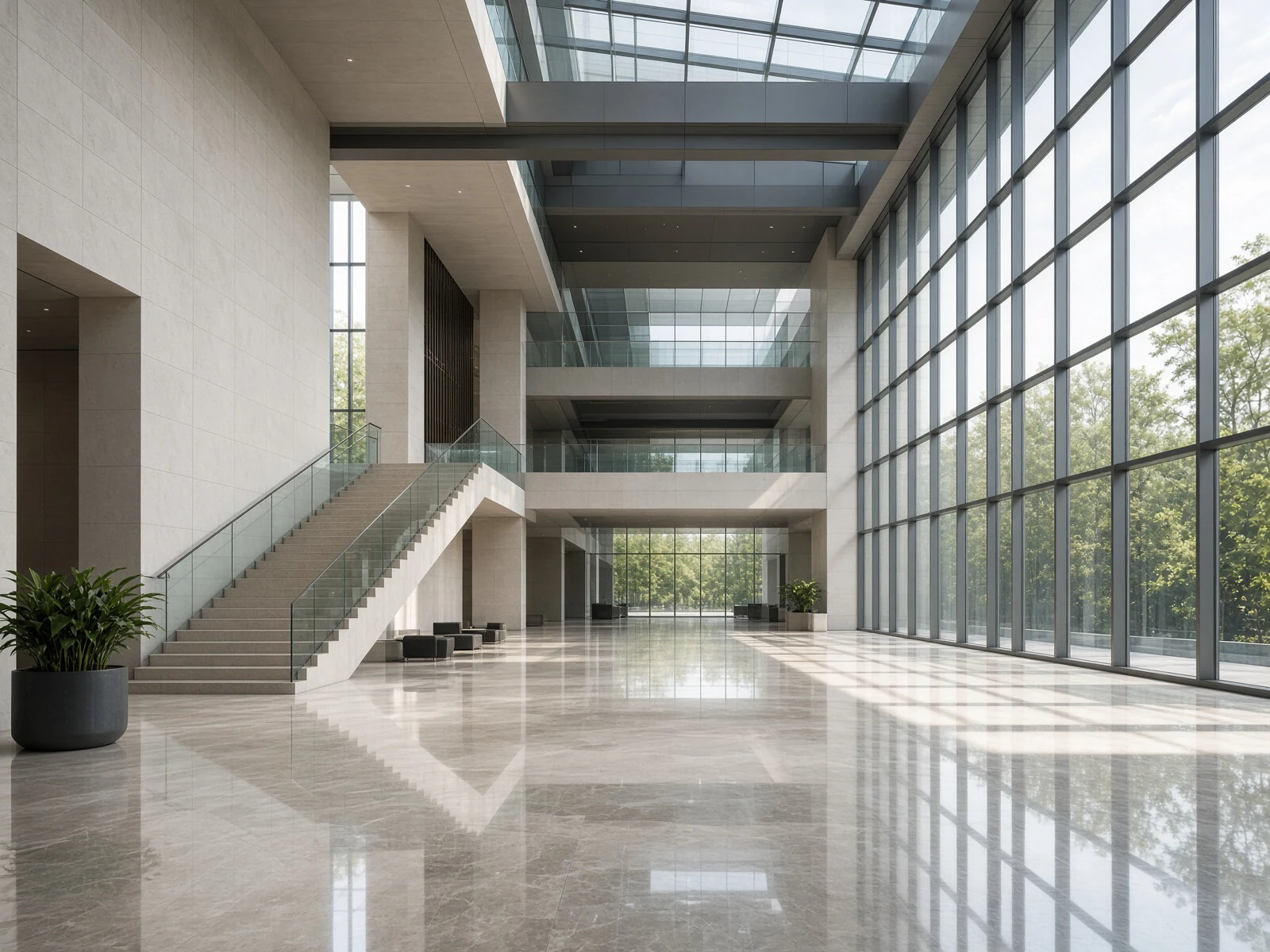 Natural light across the interior of a glass-and-stone commercial building.
