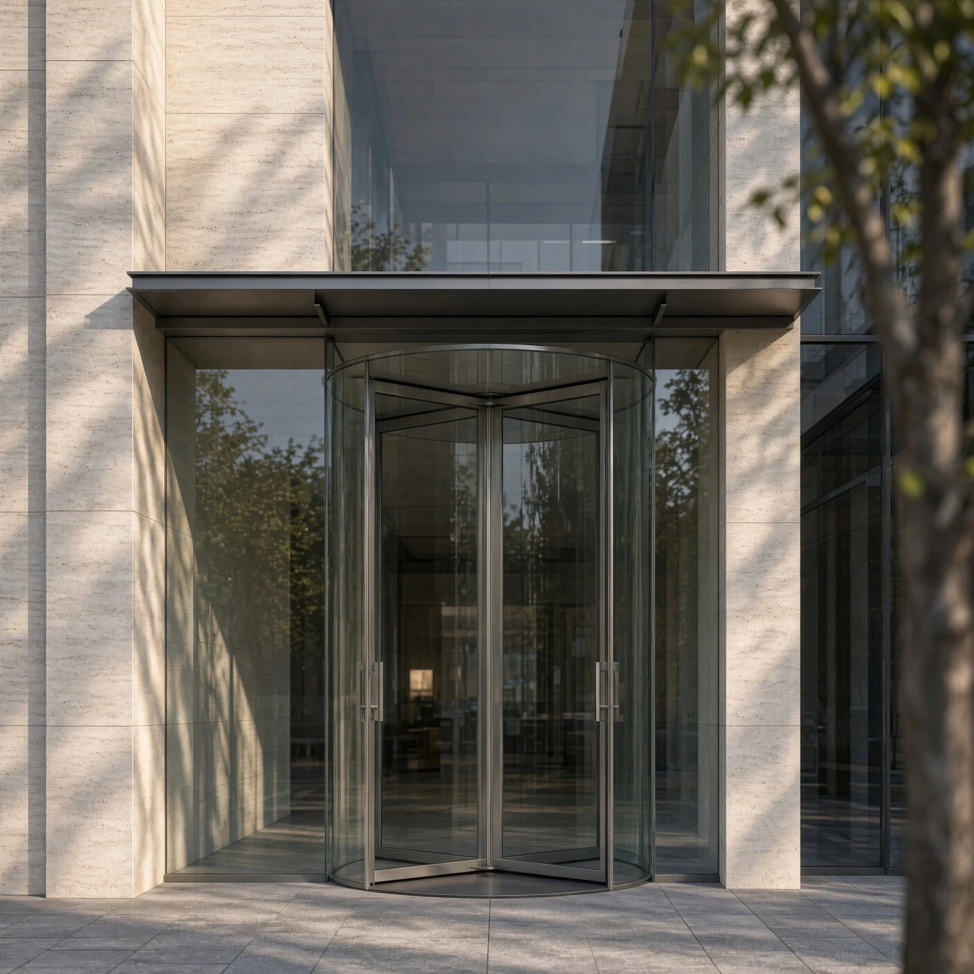 Light and shadow across the entrance of a commercial building.