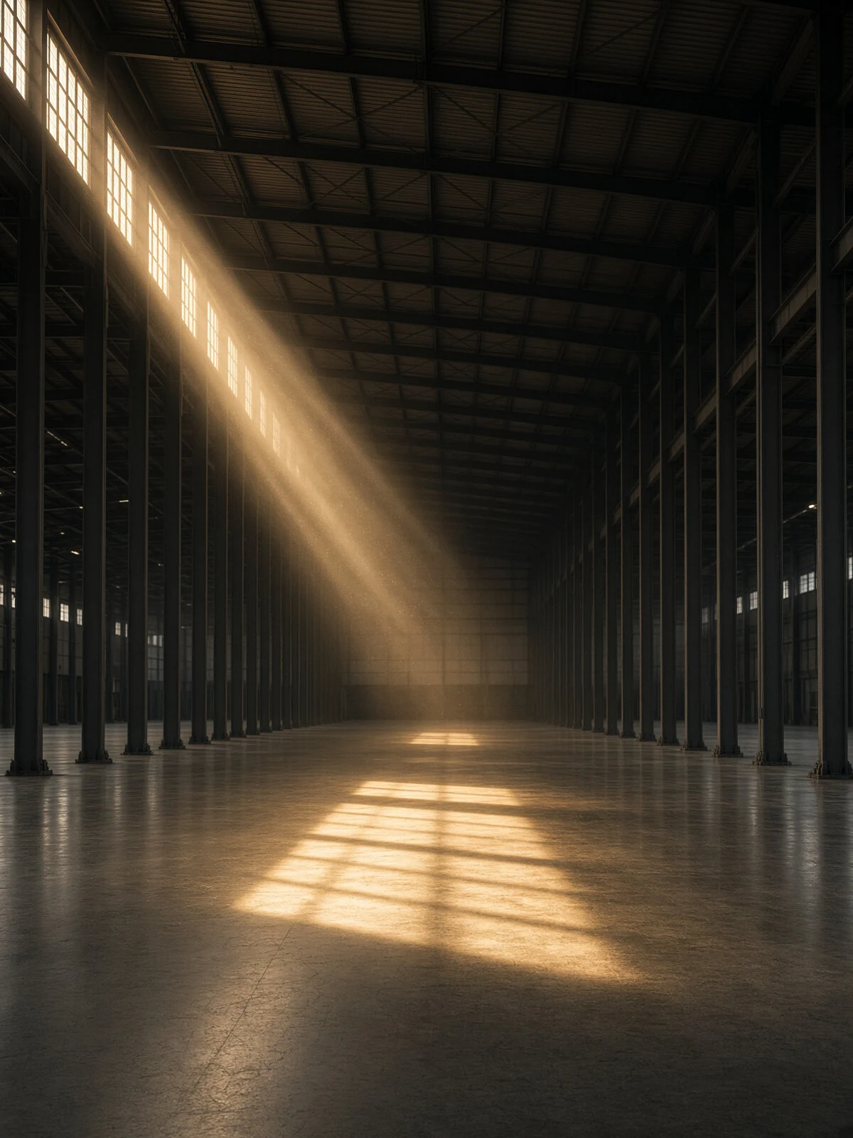 Light falling across the floor and structural columns of an industrial hall.