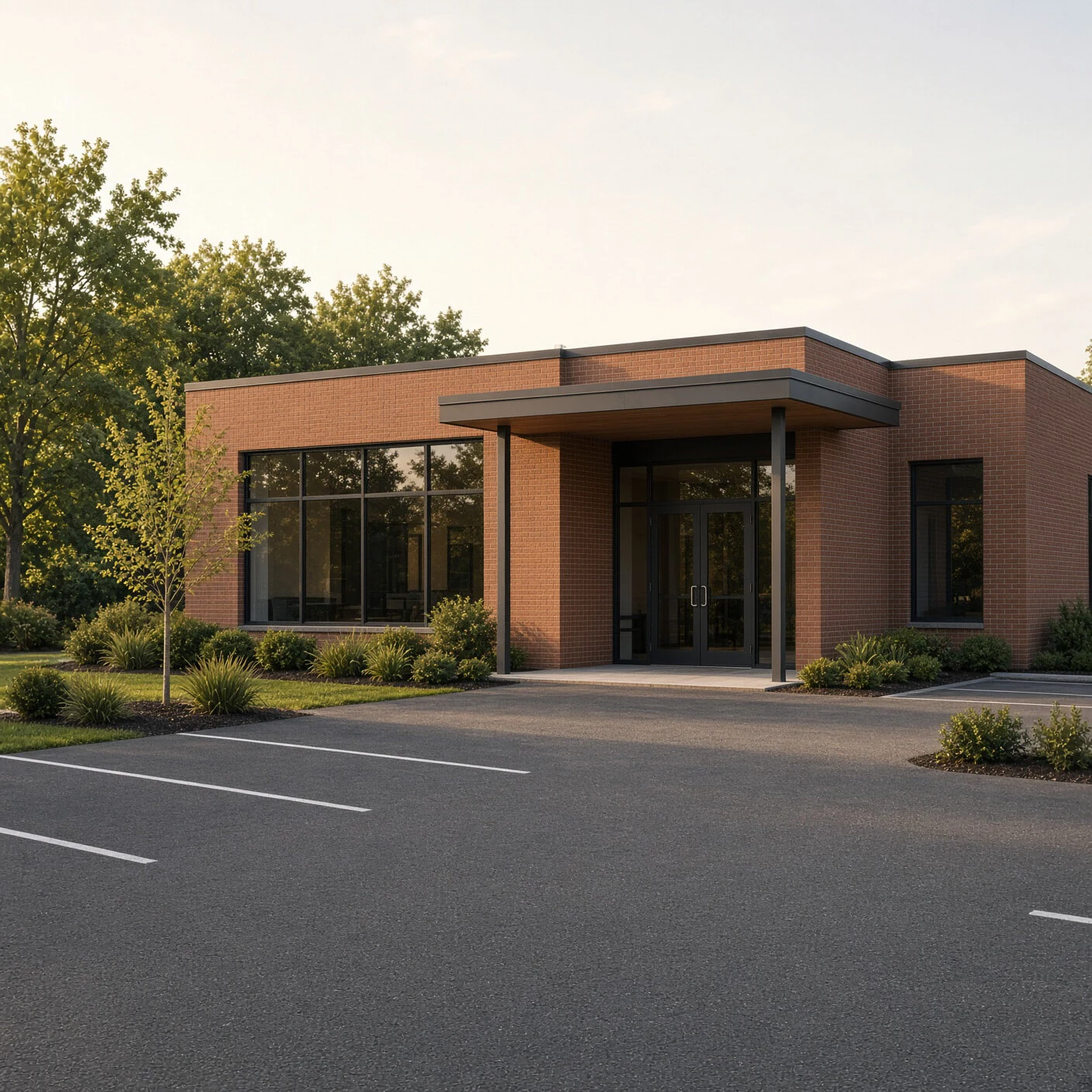 A single-storey brick commercial building surrounded by trees.
